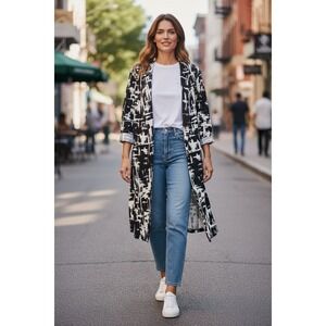 Must Have Womens  Black White Abstract Print Duster Kimono Jacket Size M